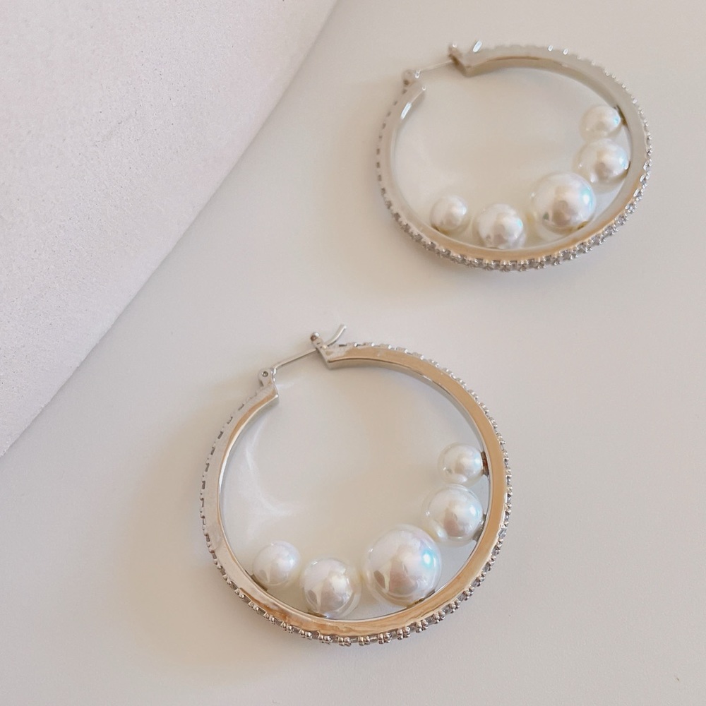Silver zircon pearl hoops